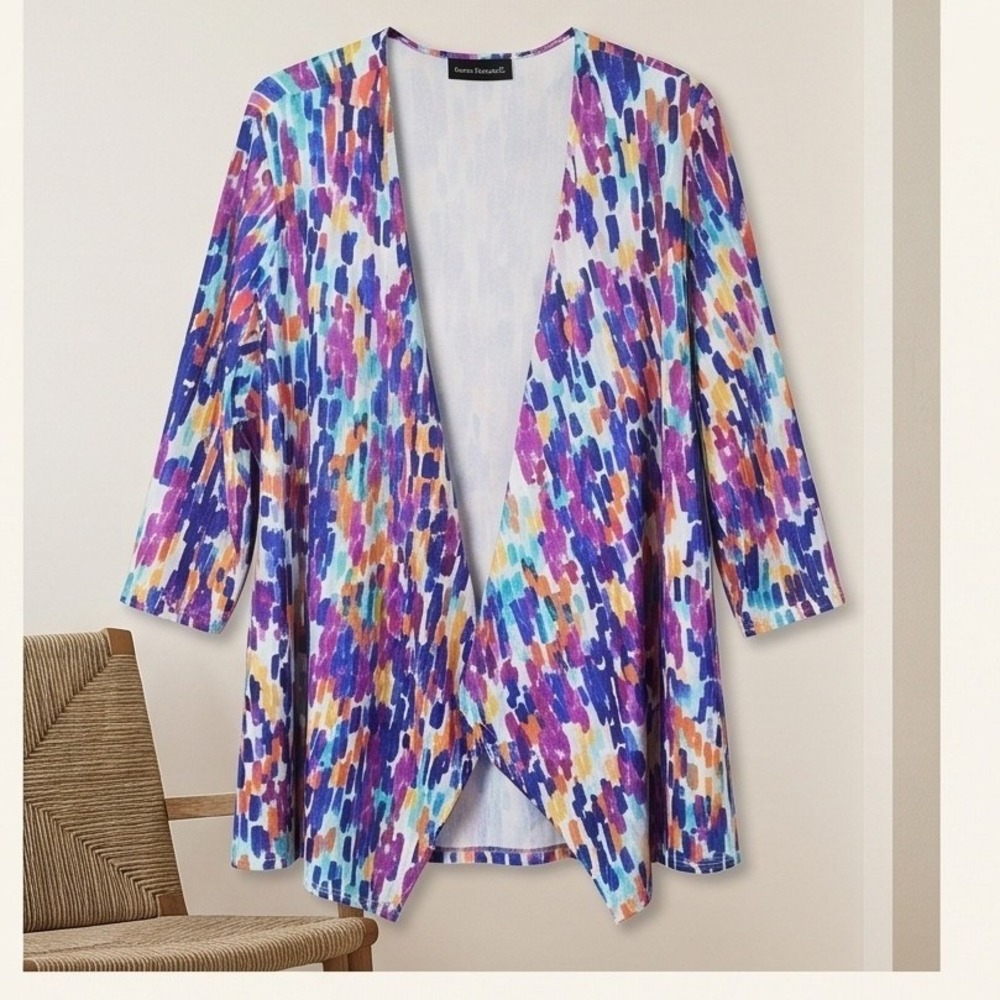 Travel Elements 1X Watercolor Abstract Open Front Cardigan Stretch